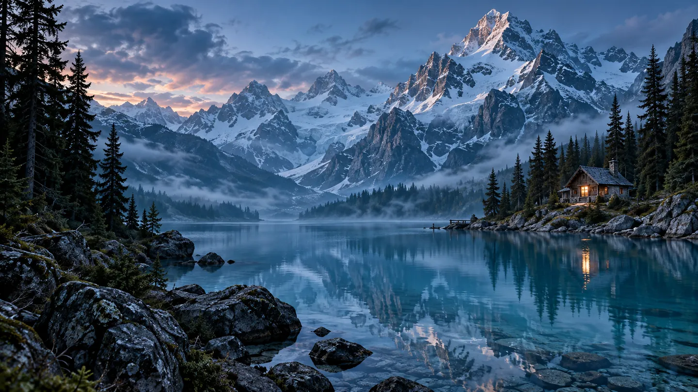 Alpine lake beneath snowy mountain peaks